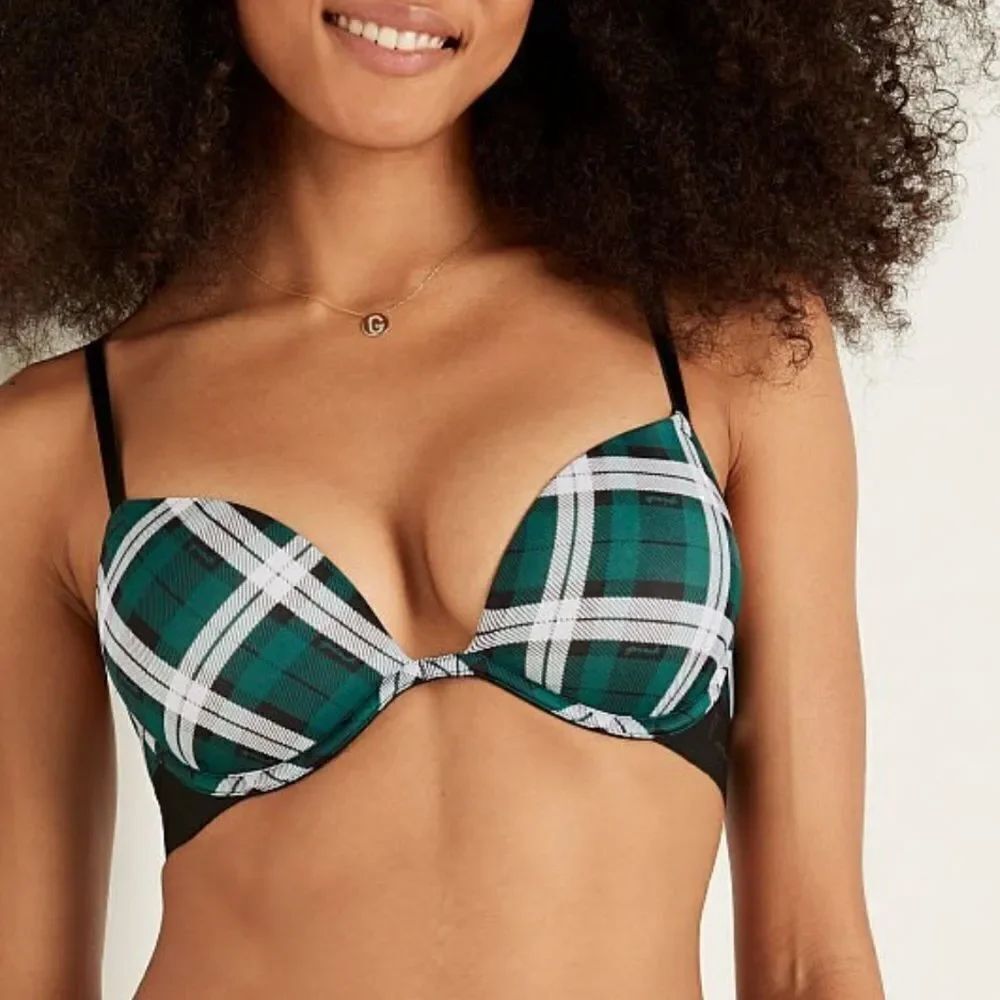 Victoria’s Secret Pink Super Push Up Bombshell padded bra dark garden plaid 38C